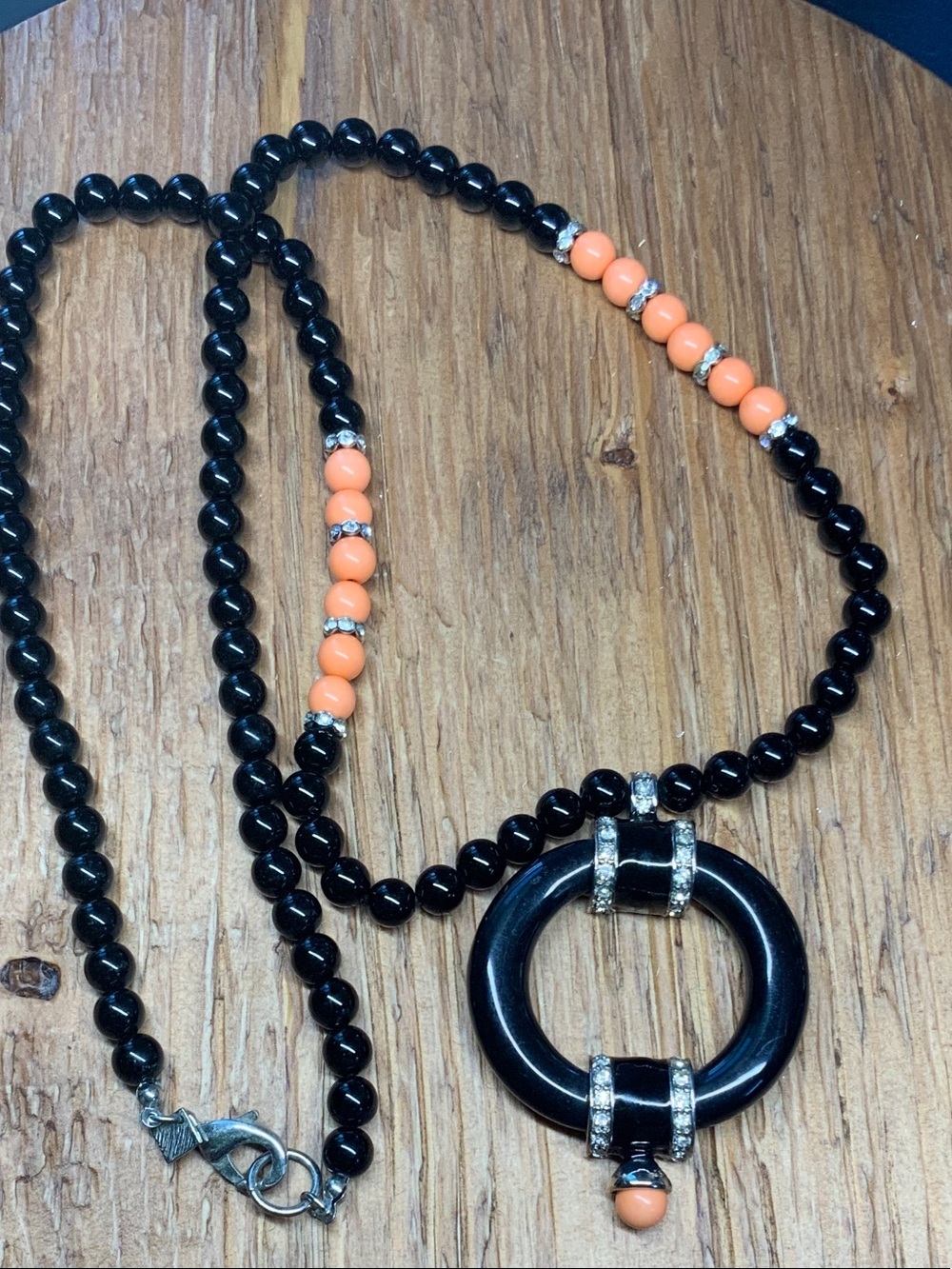 Banana Republic Black Beaded with Crystal-Trim Circle and Peach Accent Necklace - Picture 2 of 6